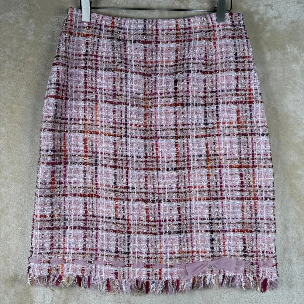 Rickie‎ Freeman Teri Jon Pink Tweed Wool Blend Plaid Fringe Bow Pencil Skirt 10